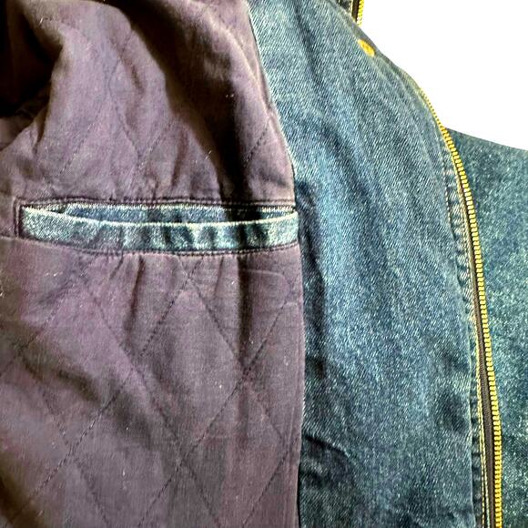 Vintage 80s Andy Johns Longline Denim Hooded Coat Jacket Utility Pockets Blue - Picture 12 of 15